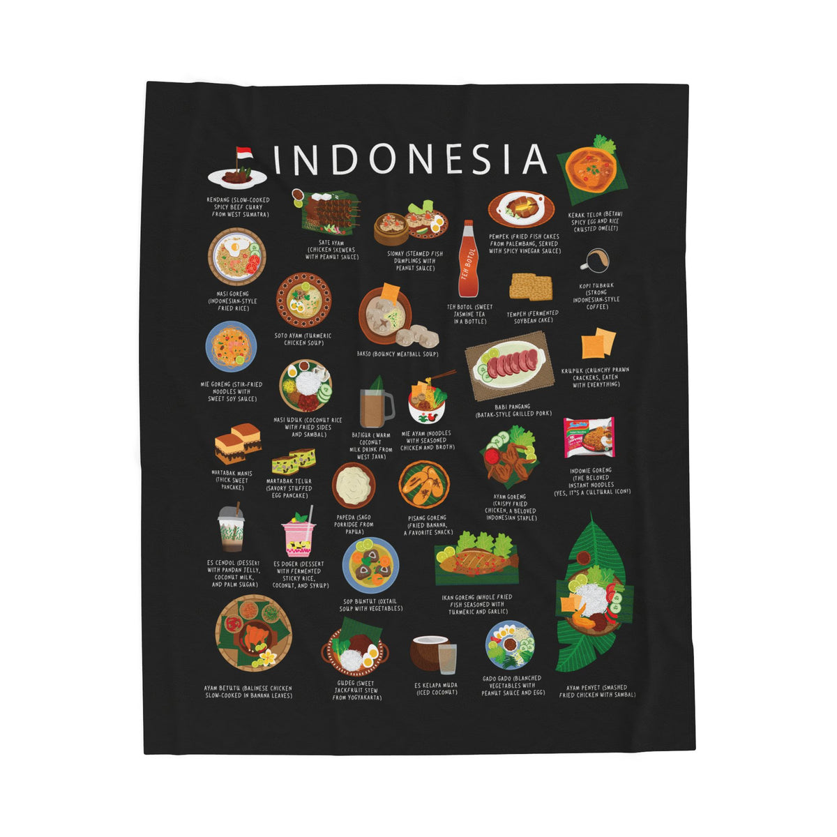 Indonesia Food Blanket | Indonesian Cuisine Throw | Nasi Goreng Rendang Satay Blanket | Cultural Gift for Expats and Food Lovers