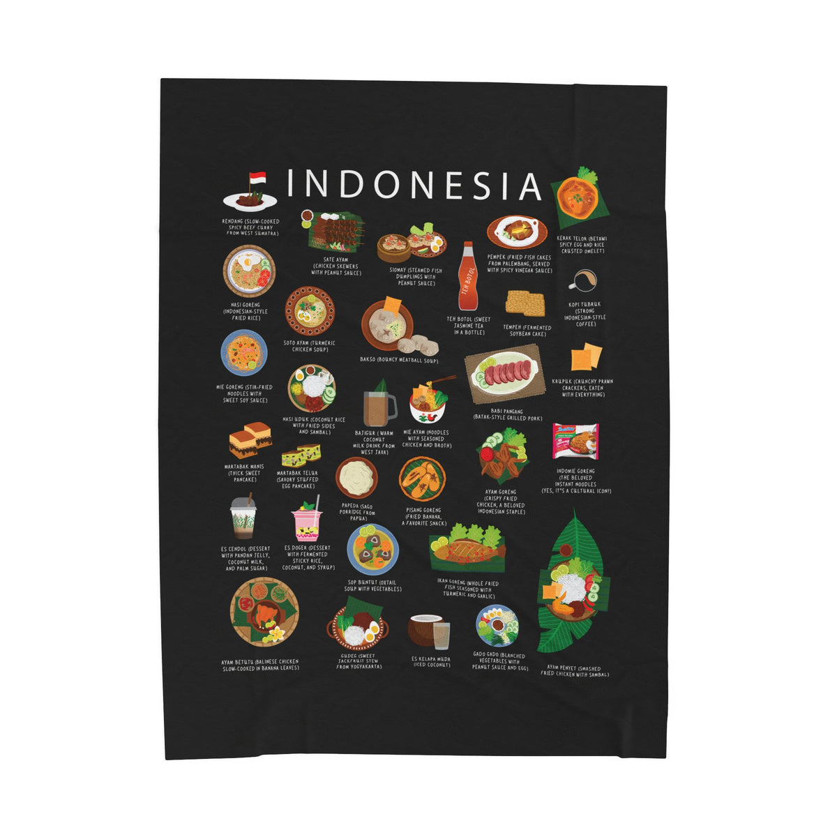 Indonesia Food Blanket | Indonesian Cuisine Throw | Nasi Goreng Rendang Satay Blanket | Cultural Gift for Expats and Food Lovers