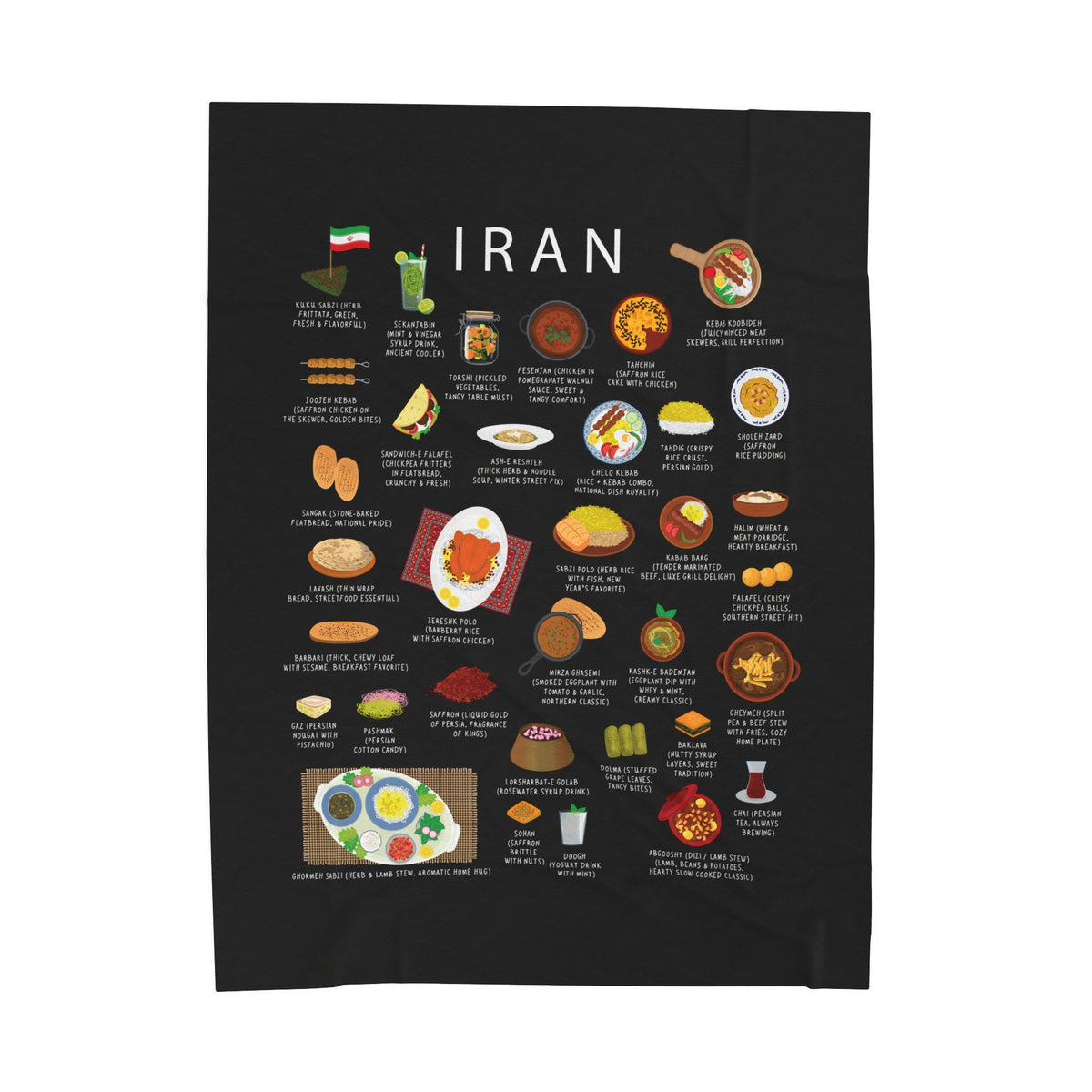 Iran Food Blanket | Velveteen Plush Throw with Kebab, Fesenjan, Ghormeh Sabzi | Persian Cuisine Gift for Expats and Food Lovers