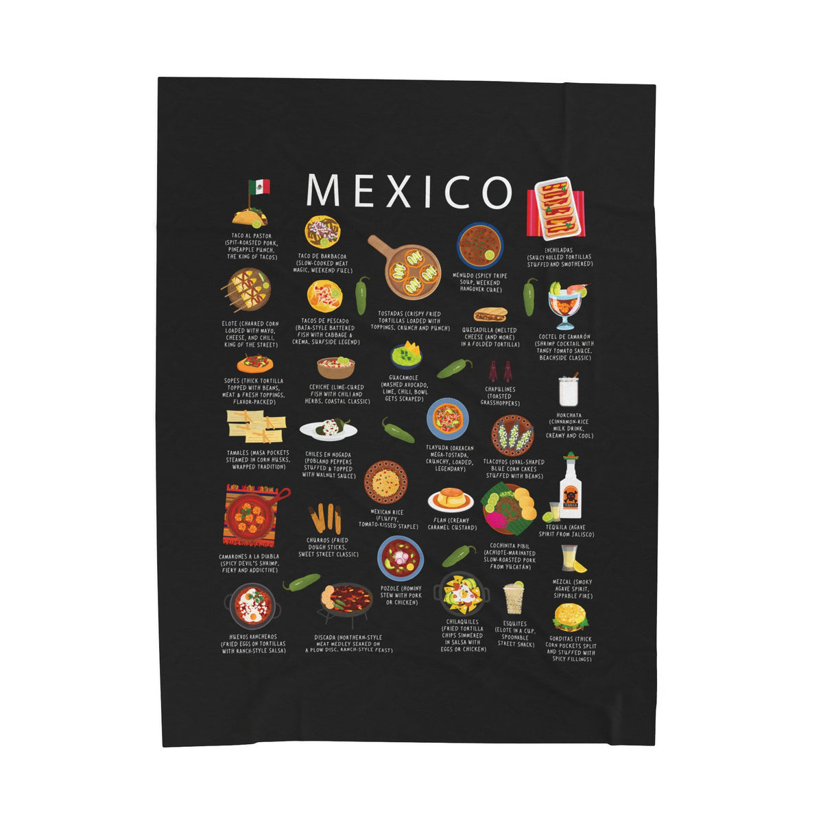 Mexico Food Blanket | Velveteen Plush Throw with Tacos, Mole & Guacamole | Mexican Cuisine Gift for Food Lovers