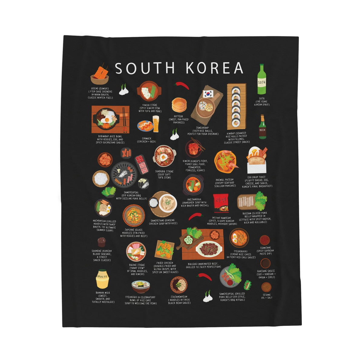 South Korea Food Blanket | Cozy Throw with Kimbap Kimchi Tteokbokki | Korean Cuisine Gift for Expats and Food Lovers