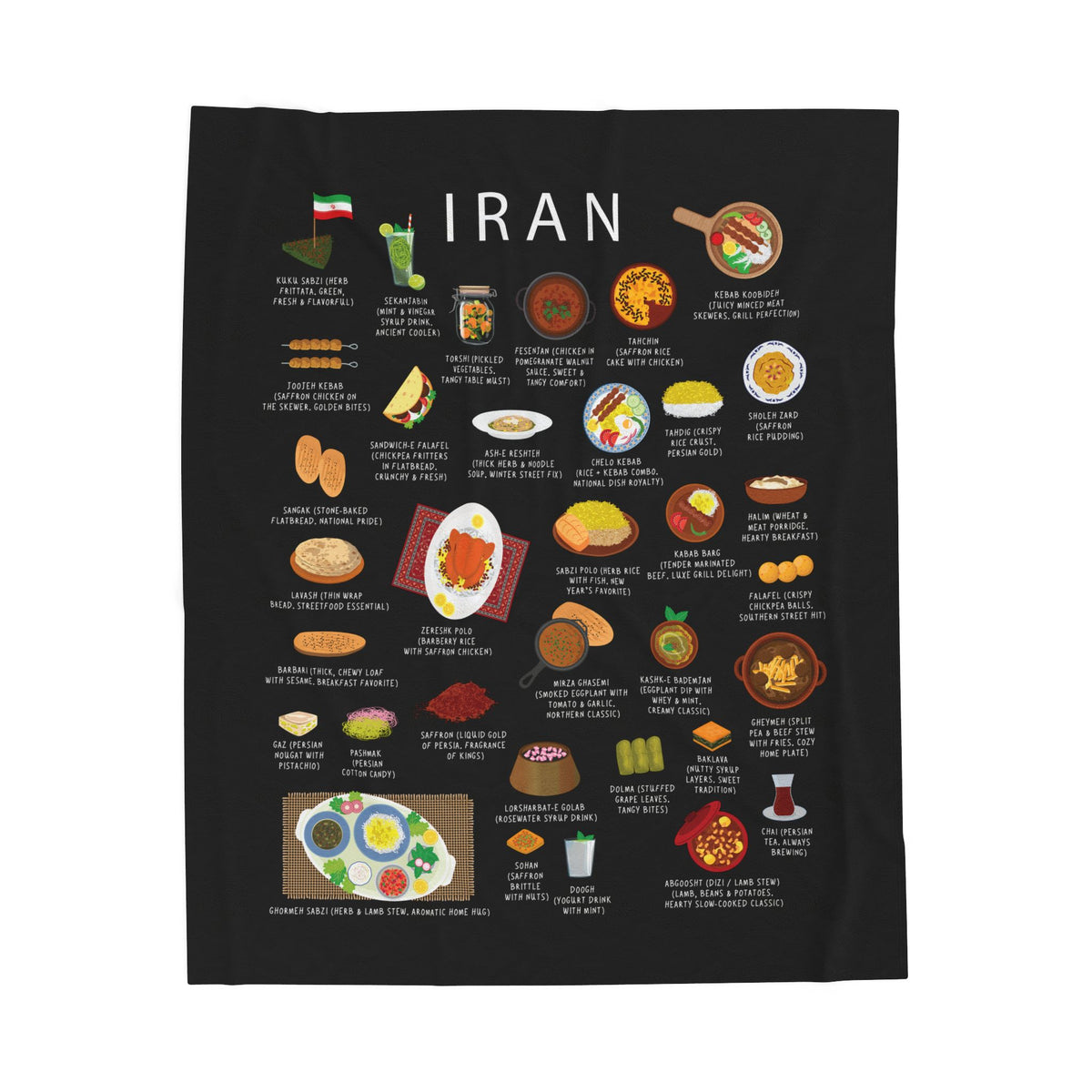 Iran Food Blanket | Velveteen Plush Throw with Kebab, Fesenjan, Ghormeh Sabzi | Persian Cuisine Gift for Expats and Food Lovers