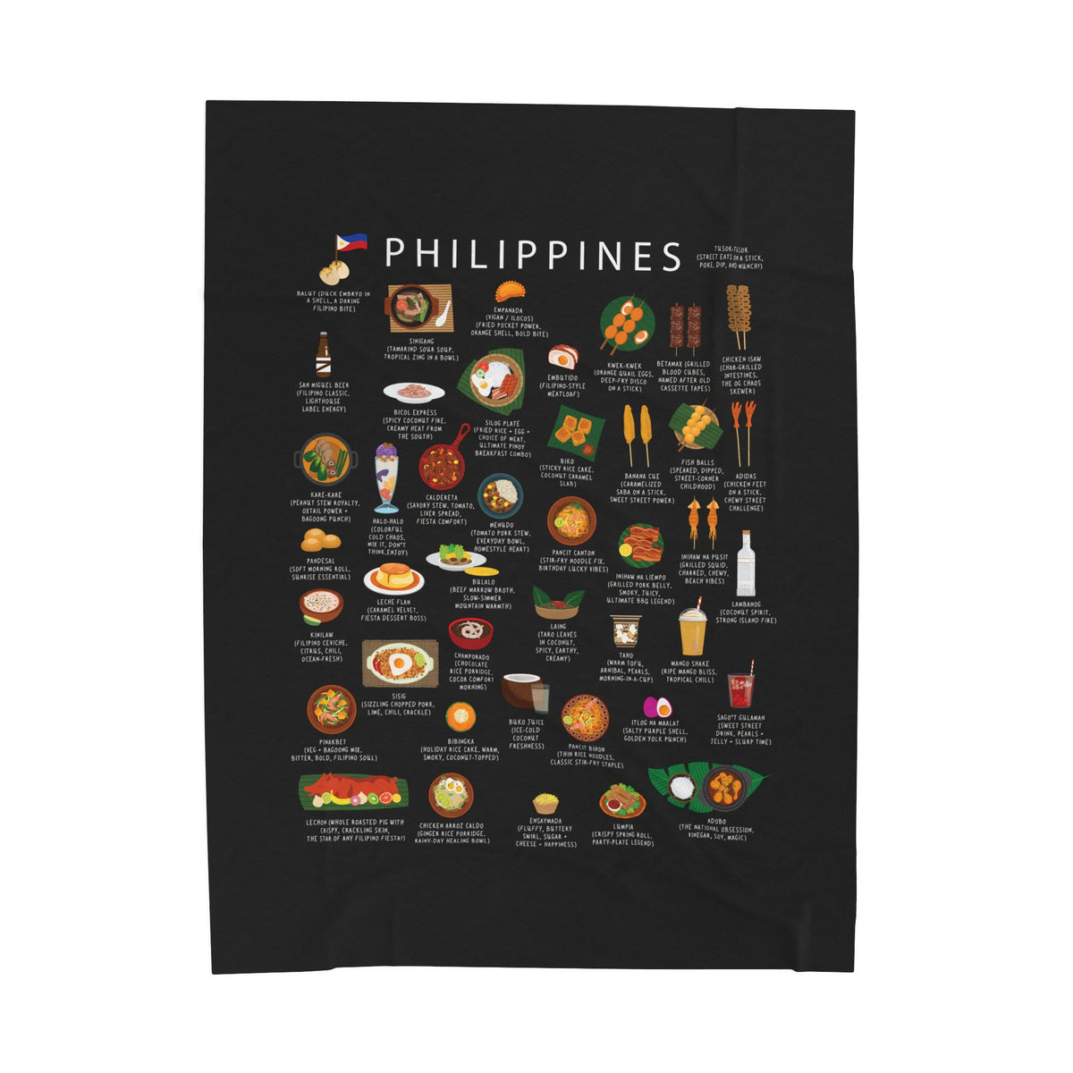 Philippines Food Blanket | Cozy Throw with Adobo Lumpia Halo-Halo | Filipino Cuisine Gift for Expats and Foodies