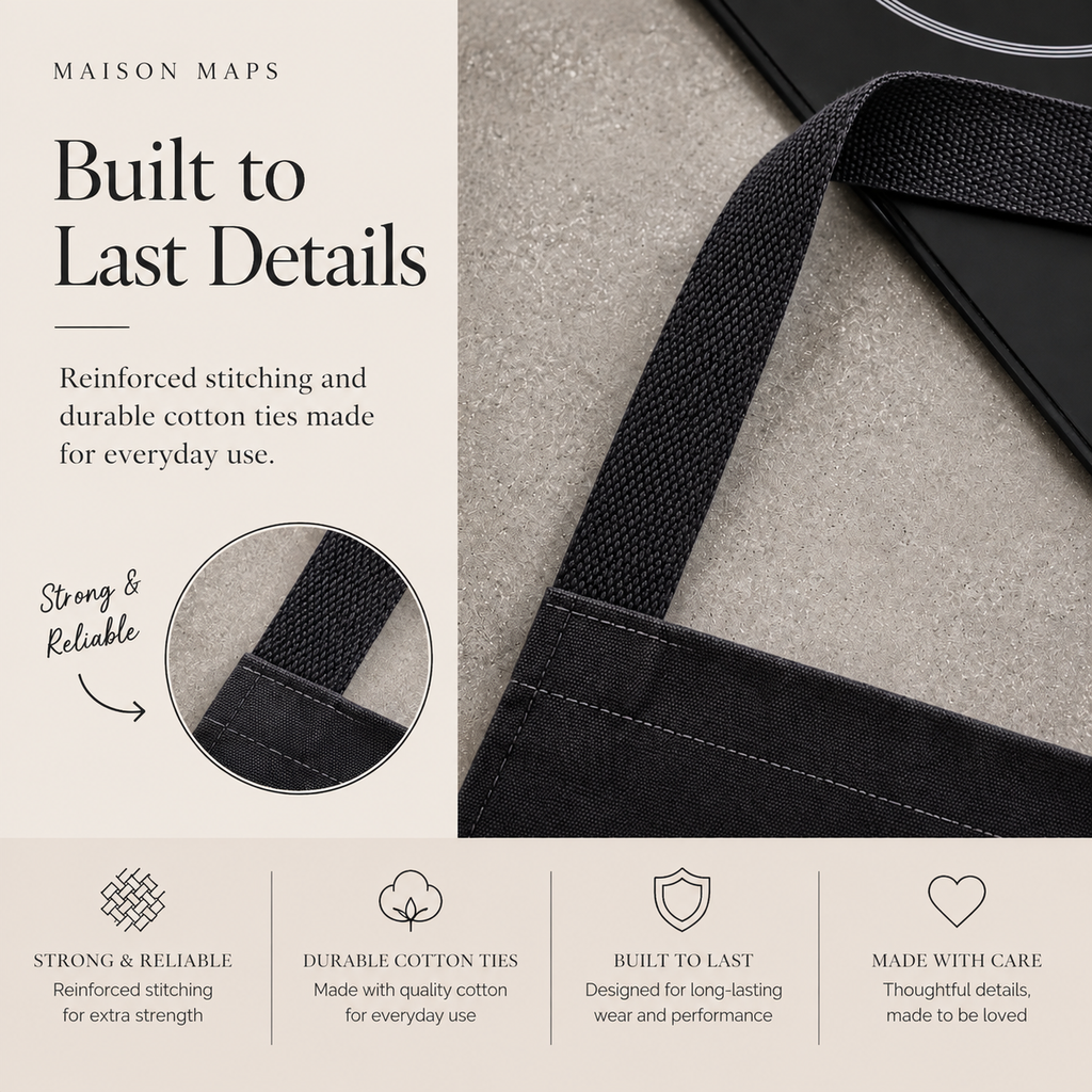 A close-up of a black canvas tote bag strap with reinforced stitching, shown next to text on a beige background. The text reads 'MAISON MAPS Built to Last Details' and includes a circular inset highlighting the strap detail.