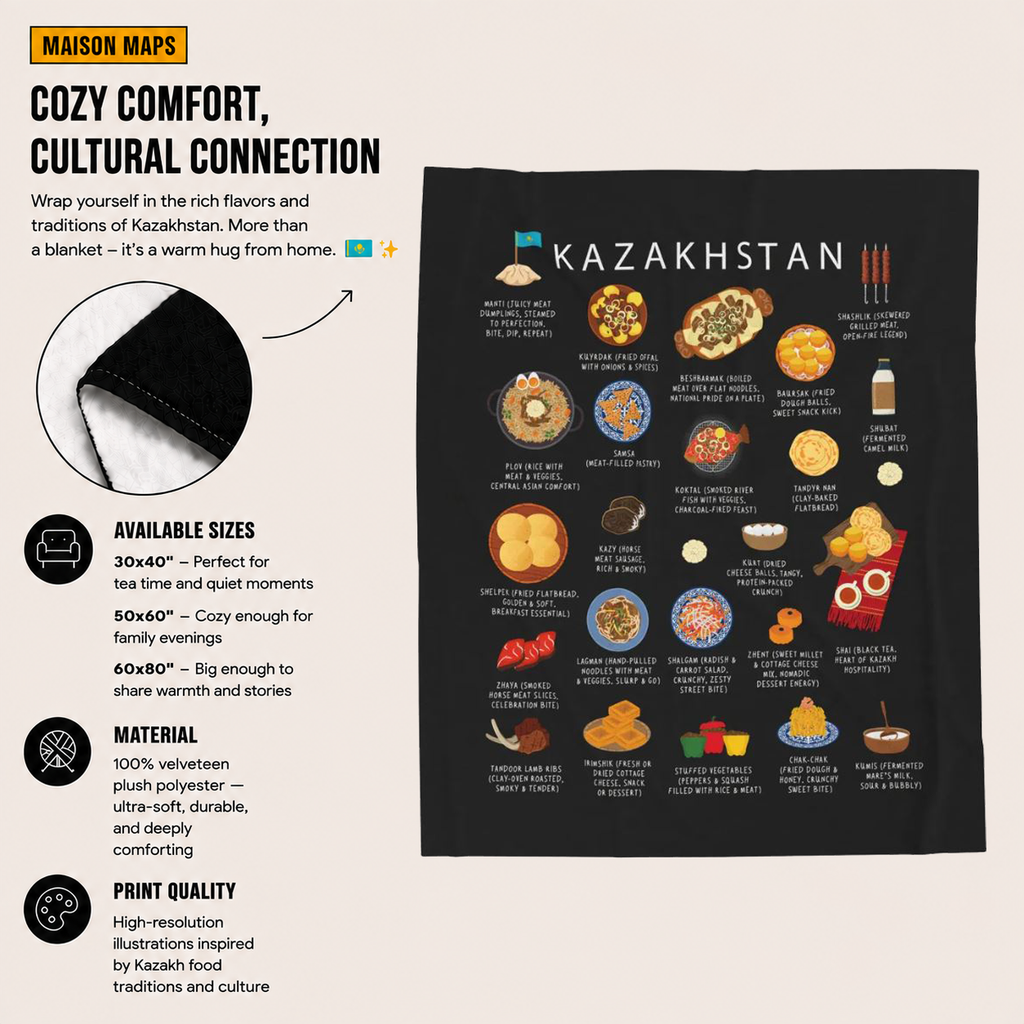 Kazakhstan Food Blanket | Kazakh Cuisine Throw | Central Asian Comfort Kitchen Decor
