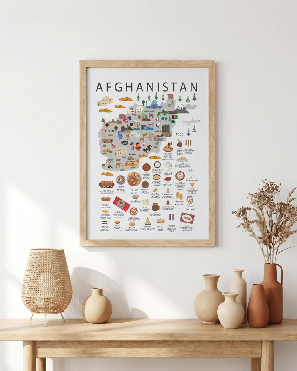 A framed travel poster of Afghanistan, featuring a colorful illustrated map and cultural highlights, displayed on a light wood console table against a white wall with decorative vases and a woven lamp.