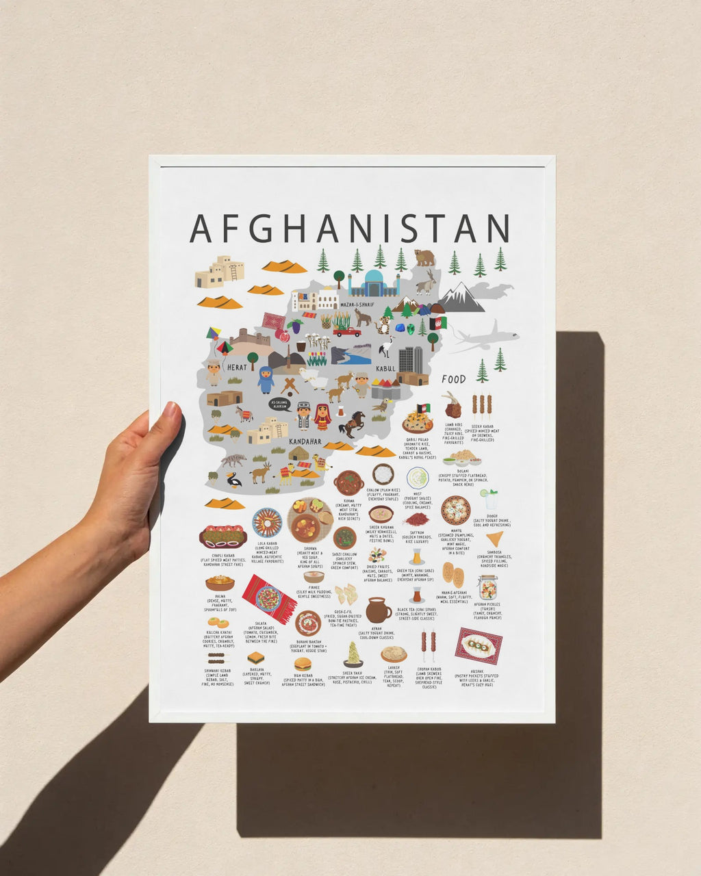 A hand holds a white poster featuring a stylized illustrated map of Afghanistan with food, culture, and landmarks, set against a warm beige wall with a soft shadow.