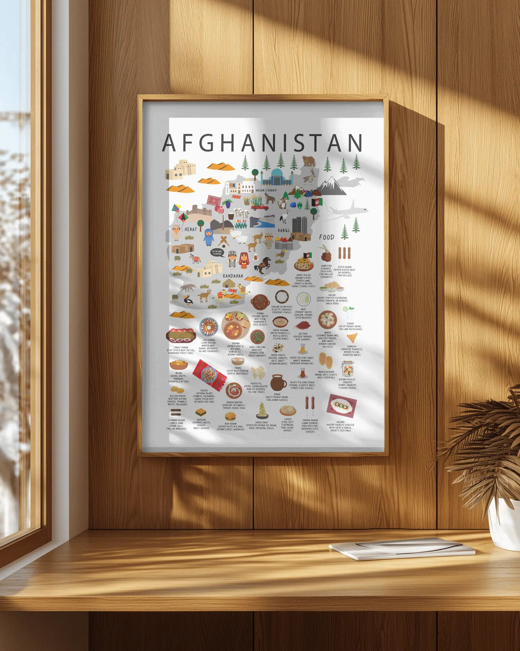 A framed travel poster of Afghanistan hanging on a wooden wall in a sunlit room. The poster features a stylized illustrated map with landmarks, food dishes, and cultural icons.