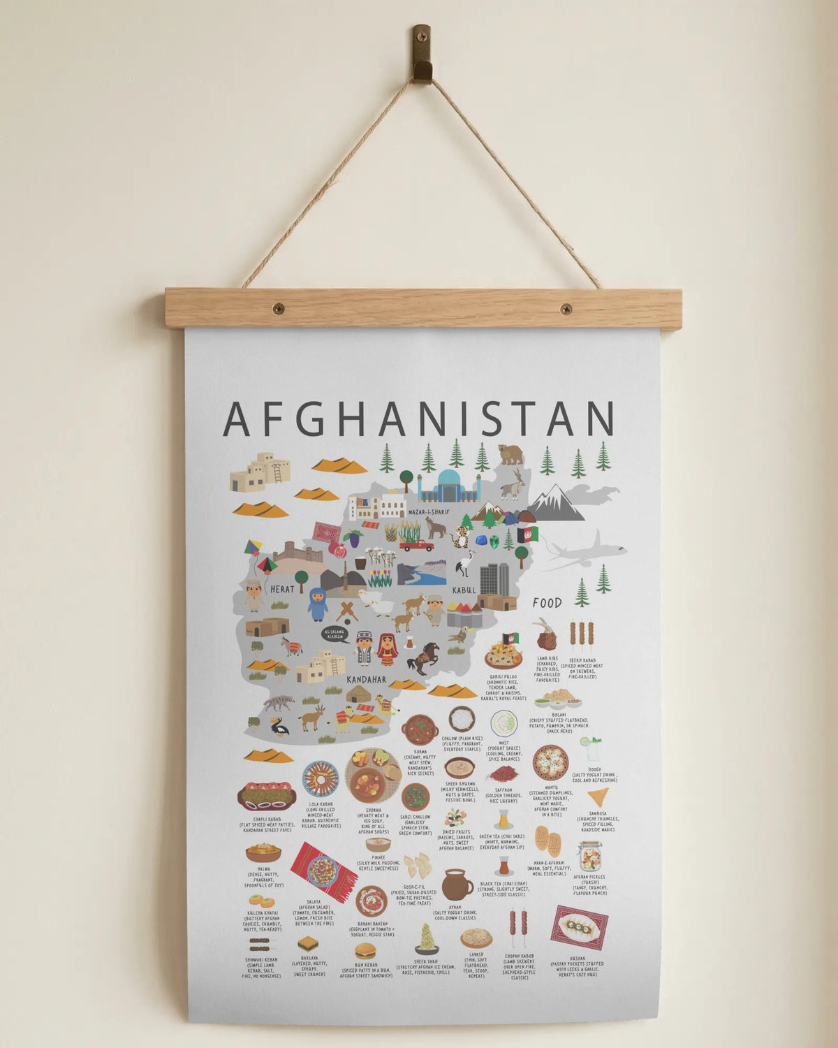 A hanging educational poster of Afghanistan, featuring a stylized map and cultural illustrations, suspended from a wooden roller bar with a rope hanger against a plain beige wall.