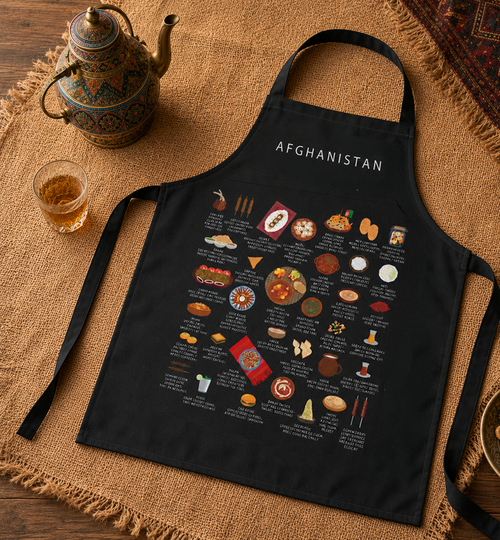 A black apron laid flat on a tan woven mat, printed with the word 'AFGHANISTAN' at the top and a collage of illustrated Afghan foods and dishes across the front. A decorative teapot, a small glass of tea, and part of a patterned rug are visible around it.