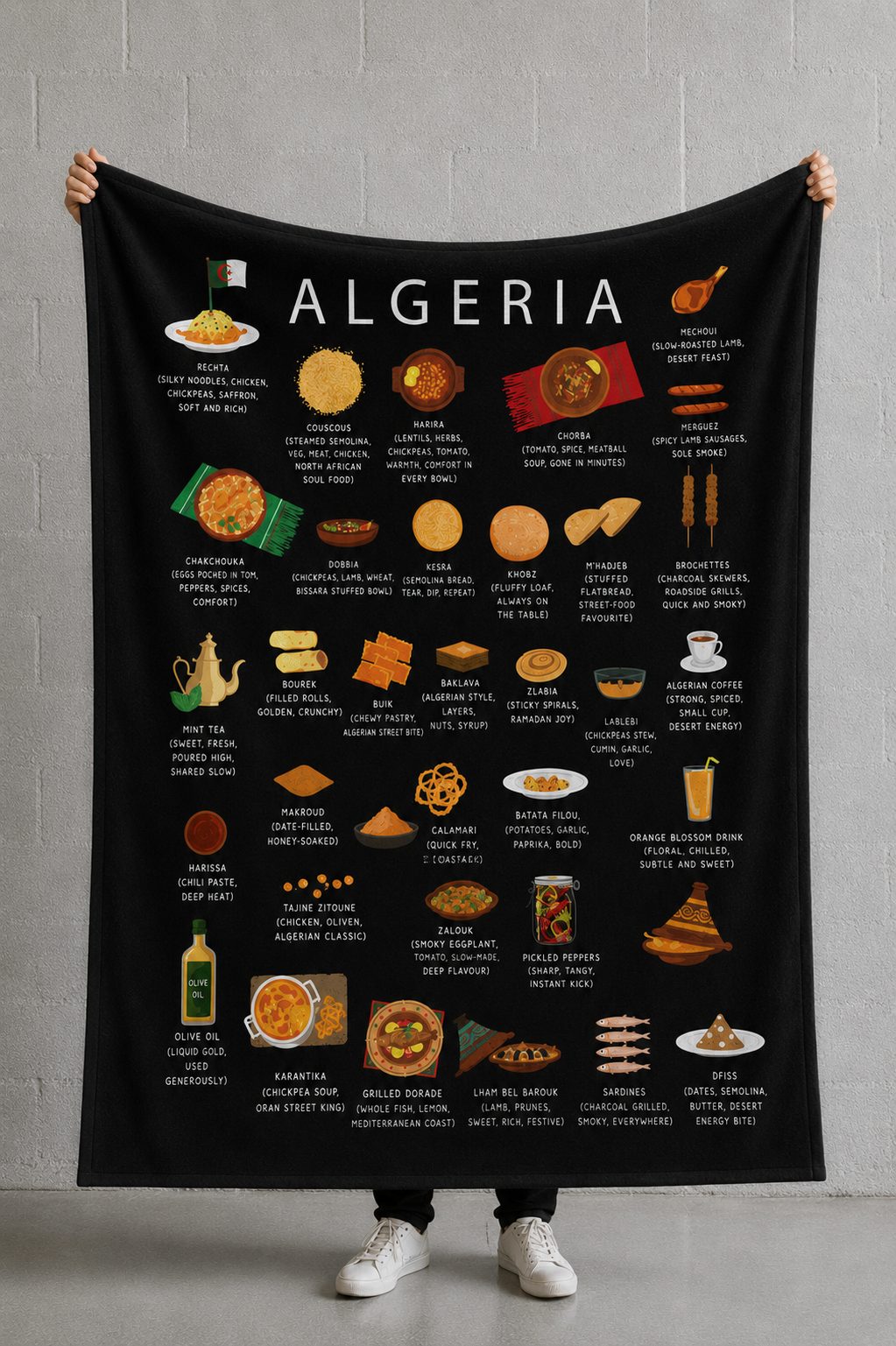 A person holds up a large black blanket or tapestry featuring a colorful illustrated food guide for Algeria, with the word 'ALGERIA' printed at the top and many small food icons and labels below. The person is standing against a gray wall, with hands and feet visible.