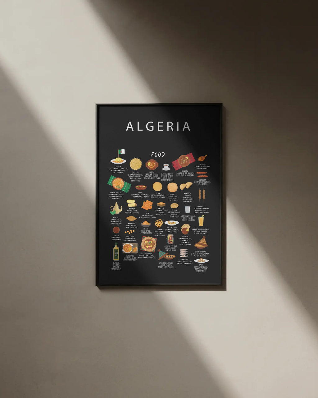 Algeria Food Poster | Algerian Street Food Wall Art | North African Kitchen Decor | Couscous Mhajeb
