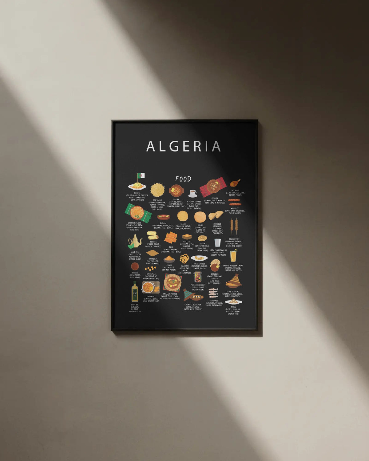 Algeria Food Poster | Algerian Street Food Wall Art | North African Kitchen Decor | Couscous Mhajeb