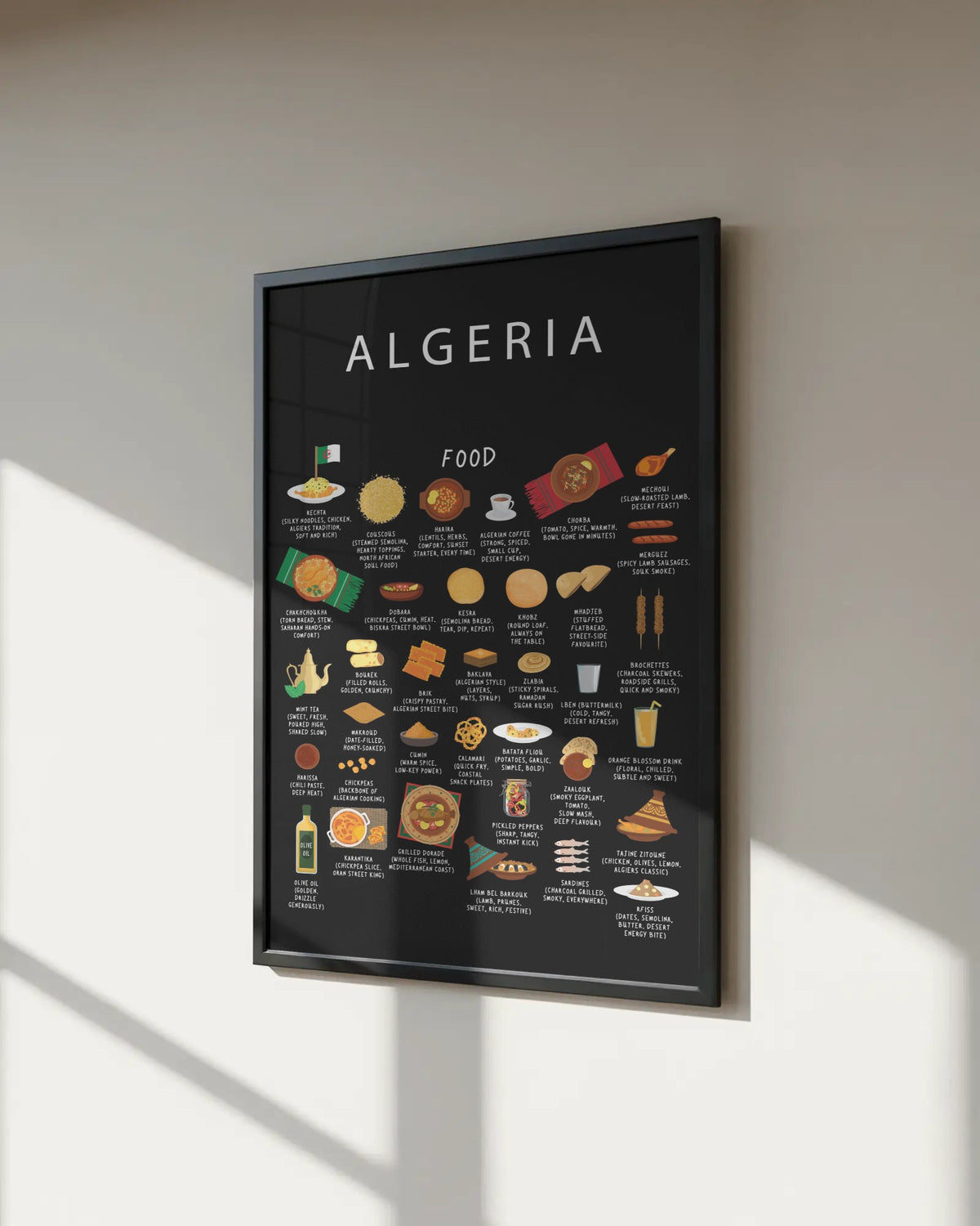 Algeria Food Poster | Algerian Street Food Wall Art | North African Kitchen Decor | Couscous Mhajeb