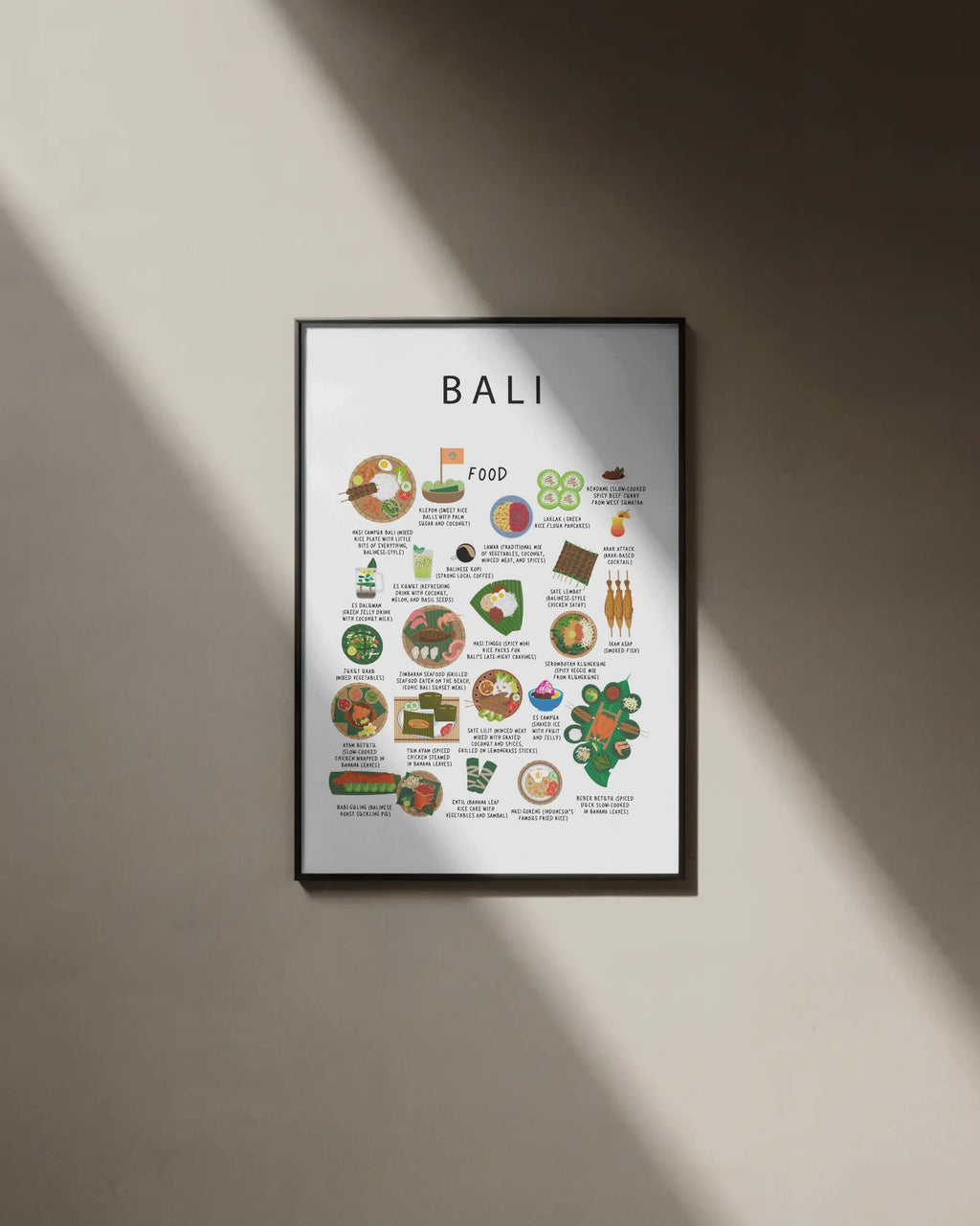 A black-framed Bali food poster displaying illustrated local dishes, hanging on a beige wall bathed in diagonal natural sunlight and shadow.