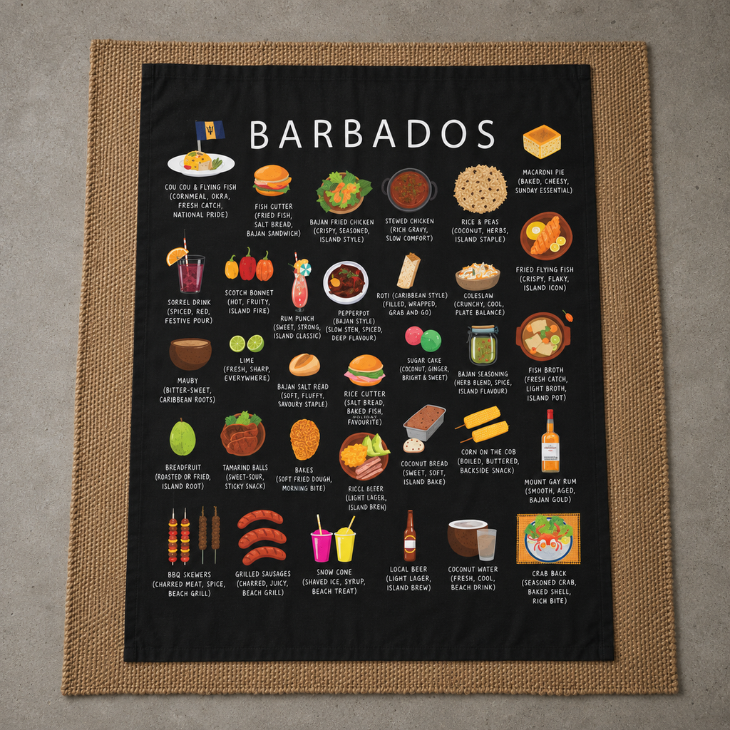Barbados Food Blanket | Bajan Cuisine Throw | Flying Fish Kitchen Decor