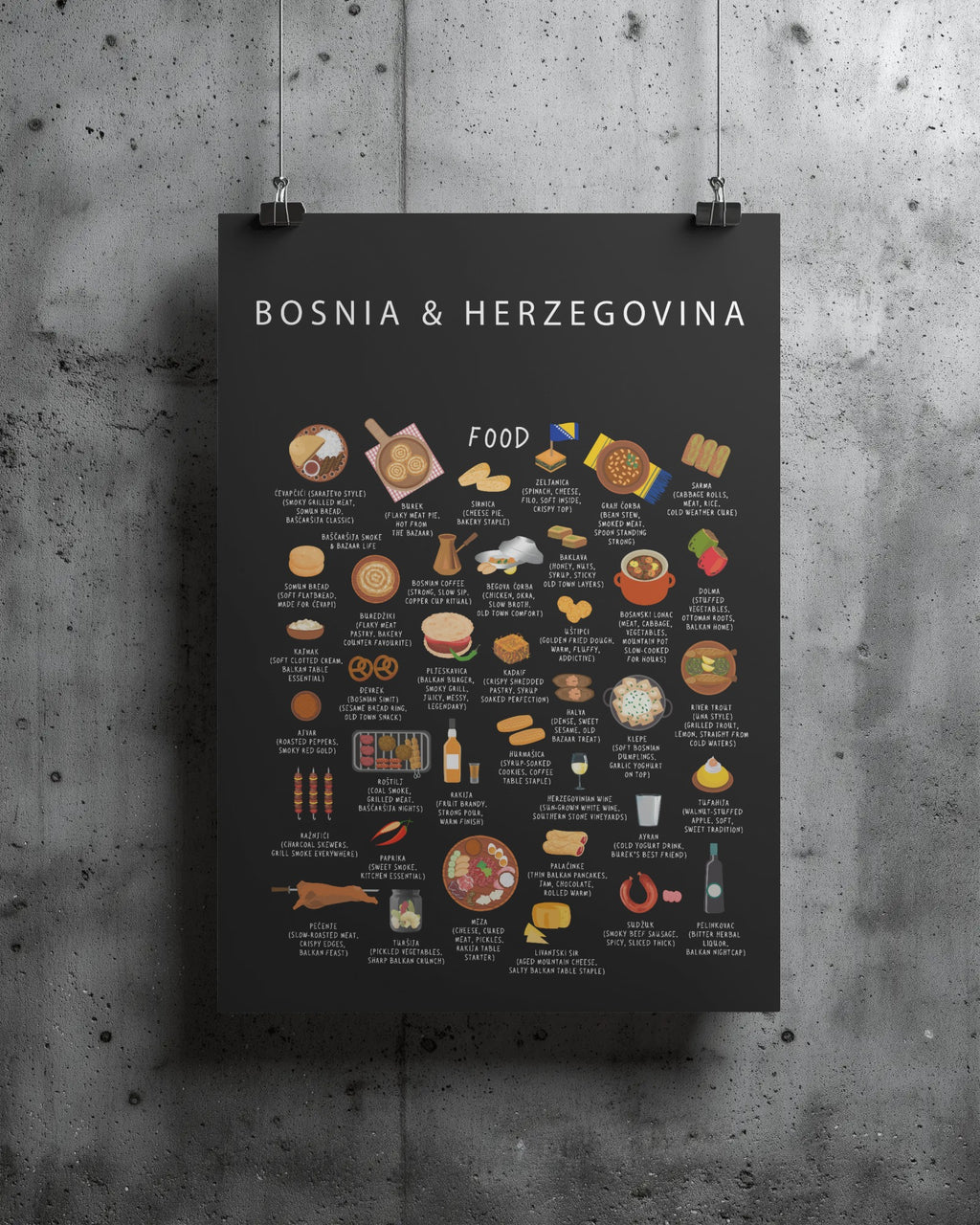 Bosnia & Herzegovina Food Poster Black