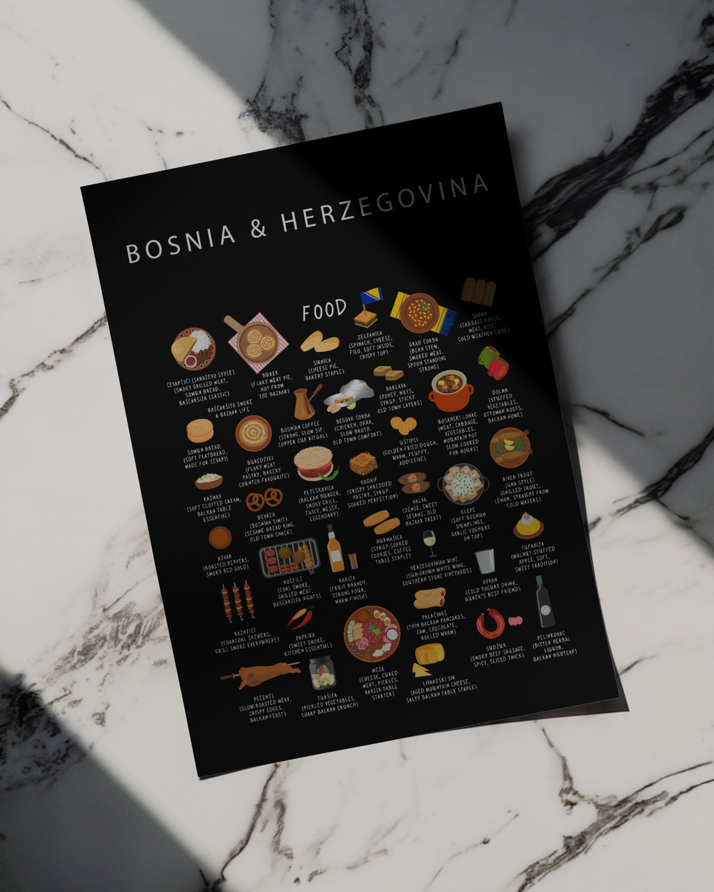 Bosnia & Herzegovina Food Poster Black