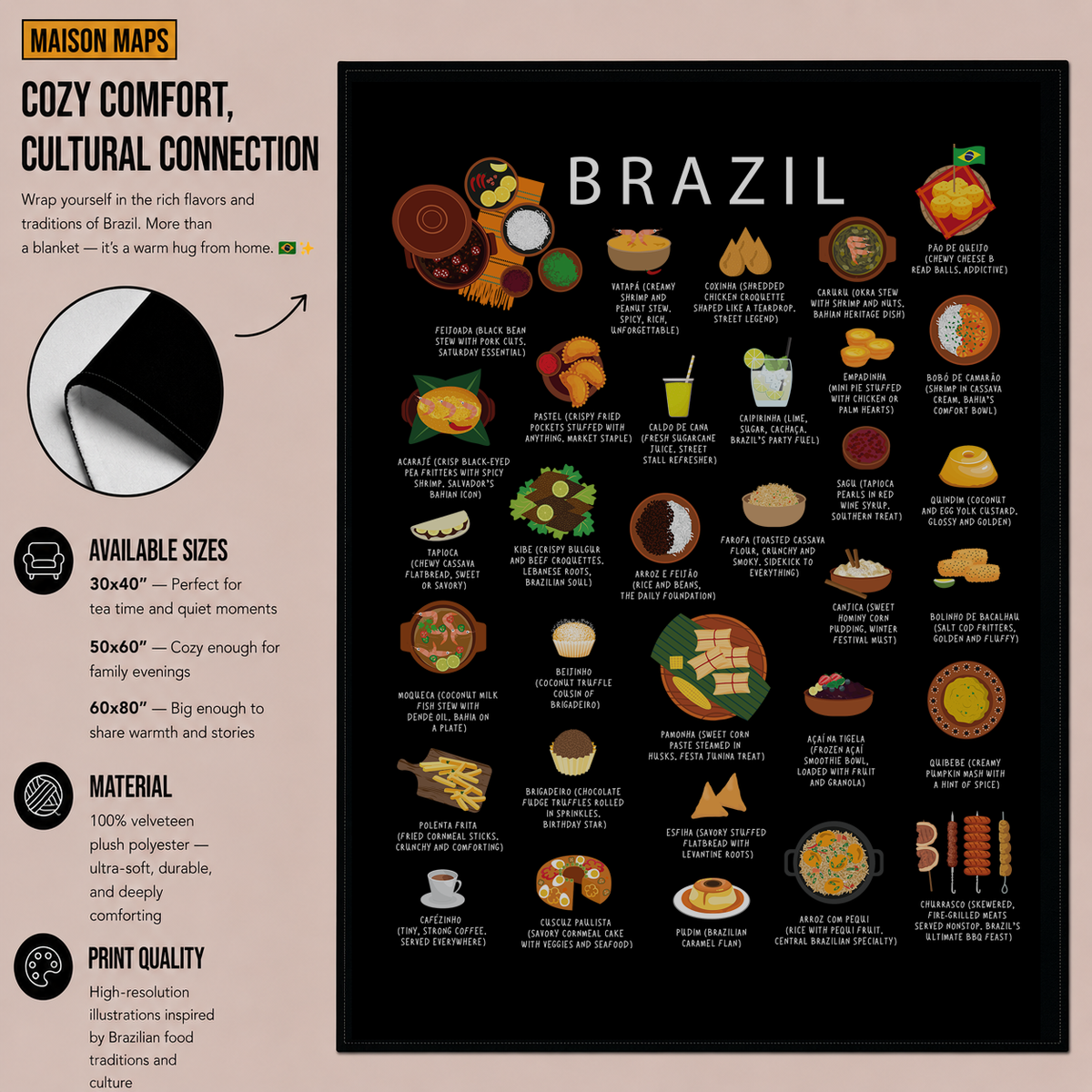 Brazil Food Blanket | Brazilian Cuisine Throw | Feijoada Kitchen Decor