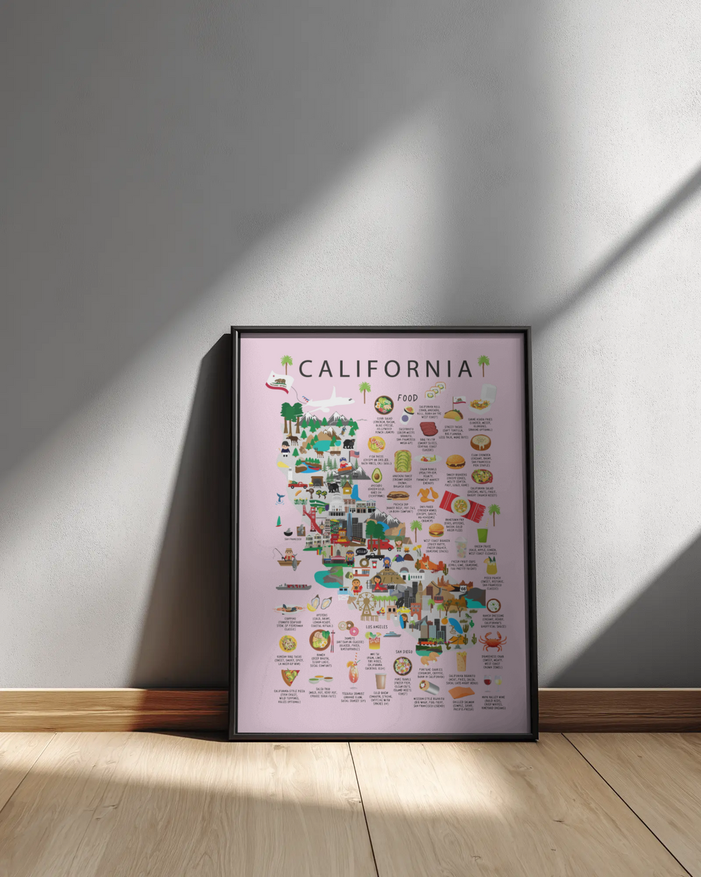 California Kids Map Poster – Landmarks, Food & Culture Educational Art