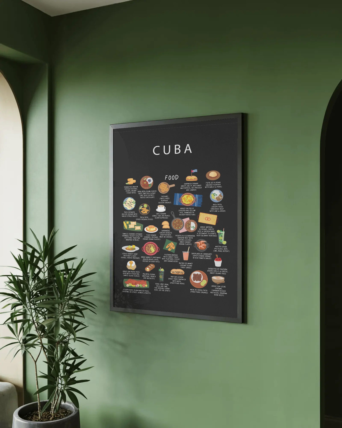 A framed black Cuba food poster hanging on a green wall next to a leafy potted houseplant and an arched entrance.