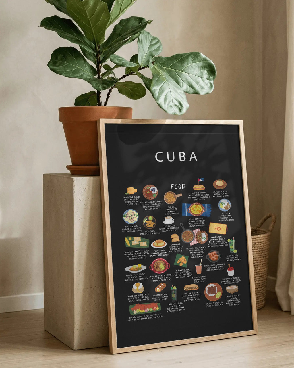 A framed black Cuba food poster resting on a wooden floor against a concrete pedestal with a leafy potted plant.