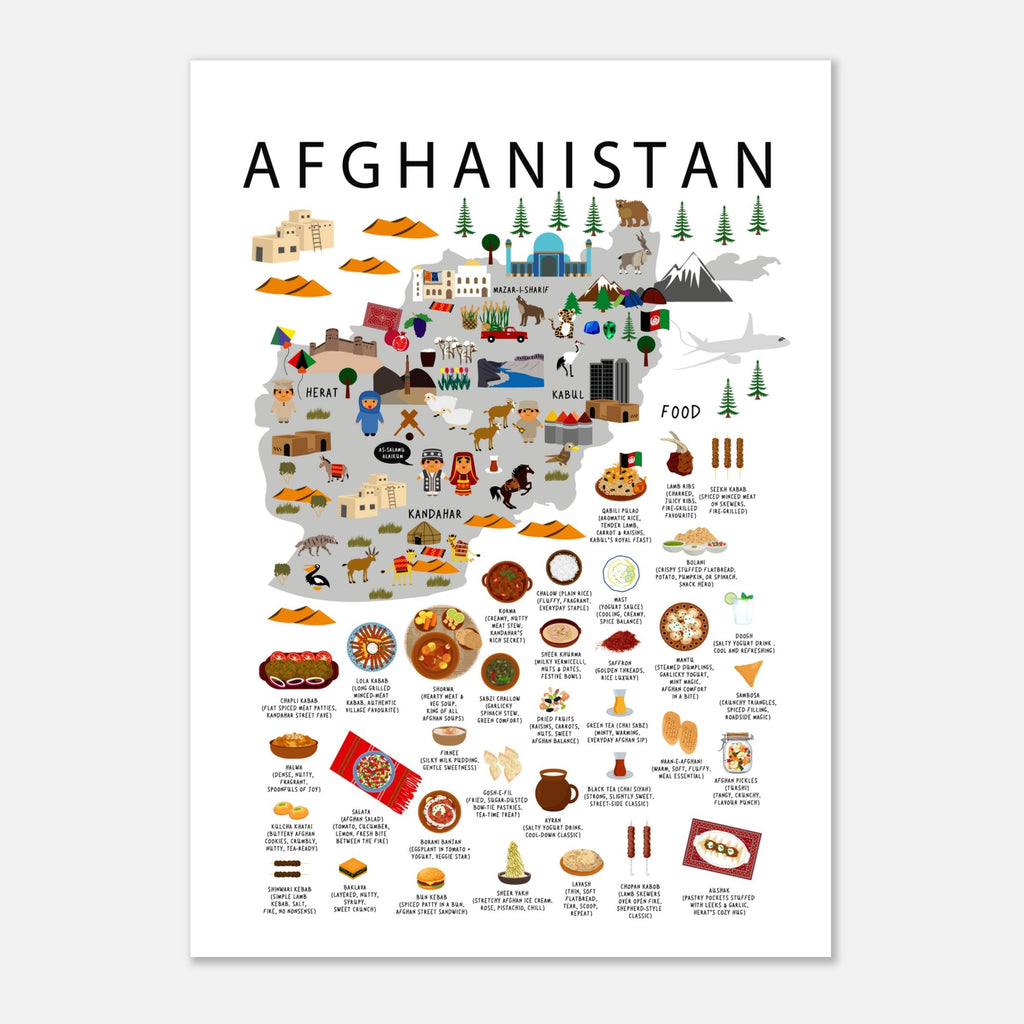 poster of Afghanistan with many illustrated landmarks and objects