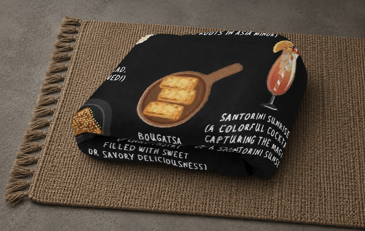 Greece Food Blanket | Cozy Throw with Souvlaki Spanakopita Moussaka | Greek Cuisine Gift for Expats and Foodies