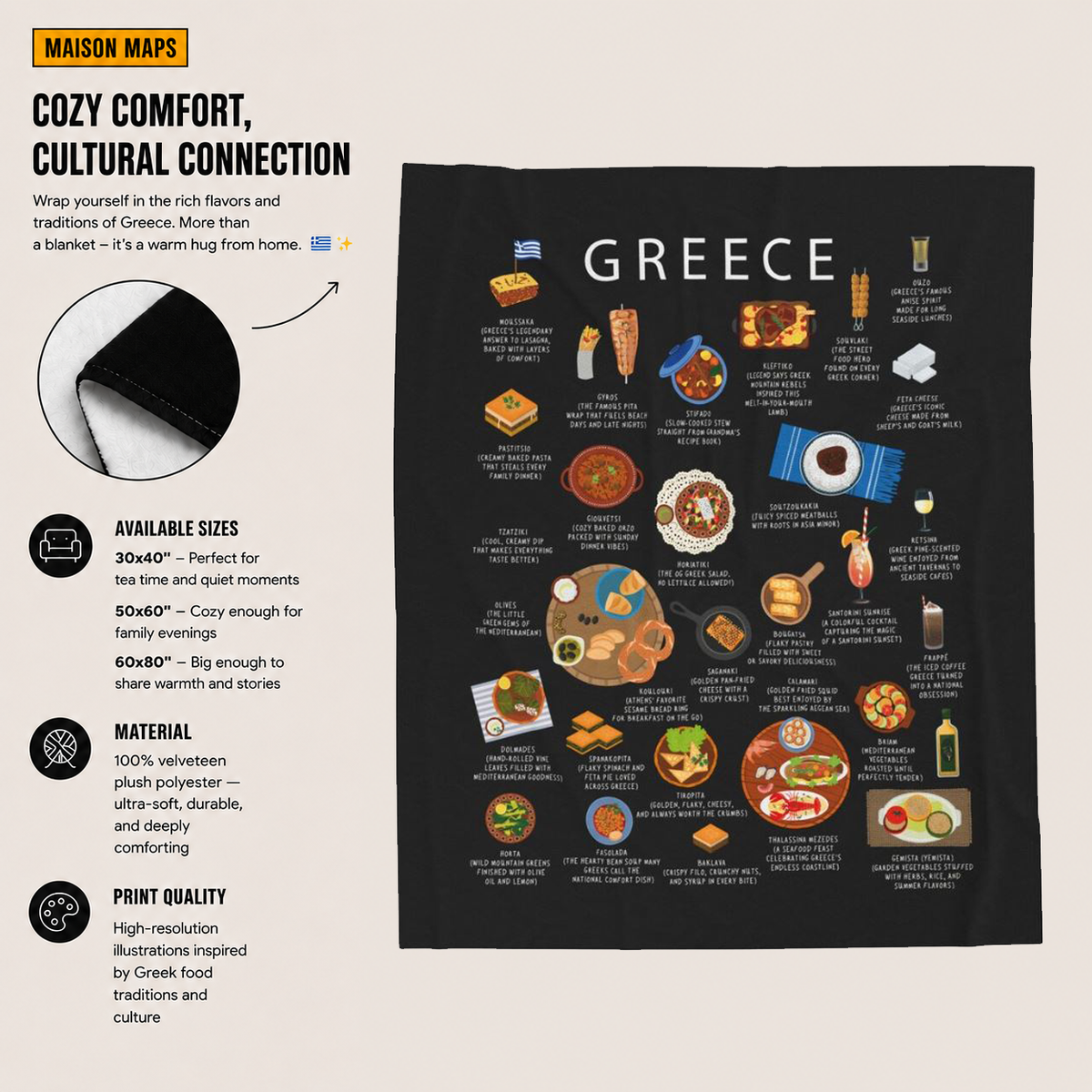 Greece Food Blanket | Cozy Throw with Souvlaki Spanakopita Moussaka | Greek Cuisine Gift for Expats and Foodies