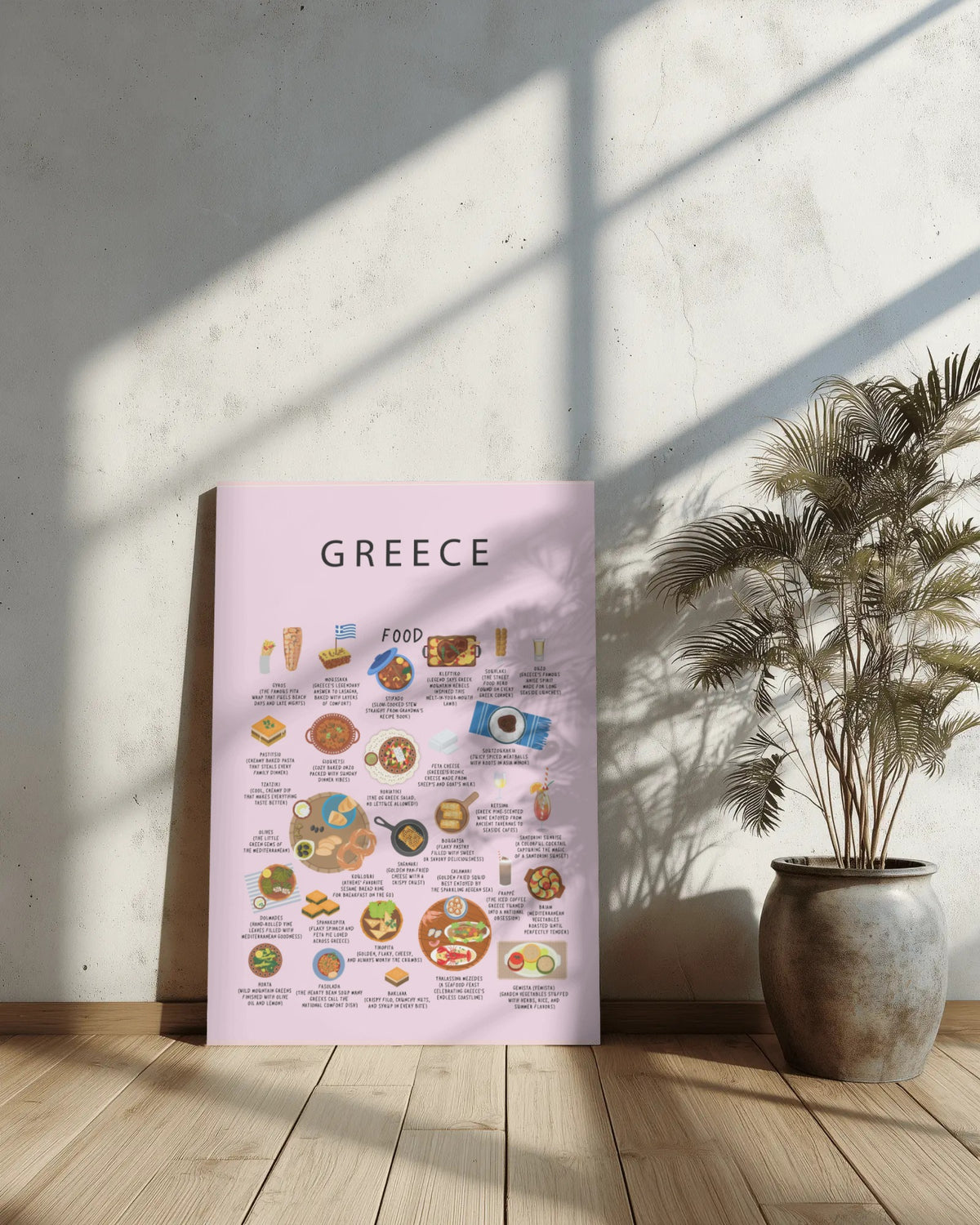 A pink Greece food poster leans against a sunlit wall on a wooden floor beside a potted palm plant.