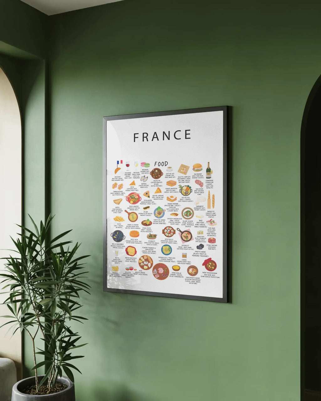 A black-framed white poster displaying French food illustrations hanging on an olive green wall next to a potted indoor plant.