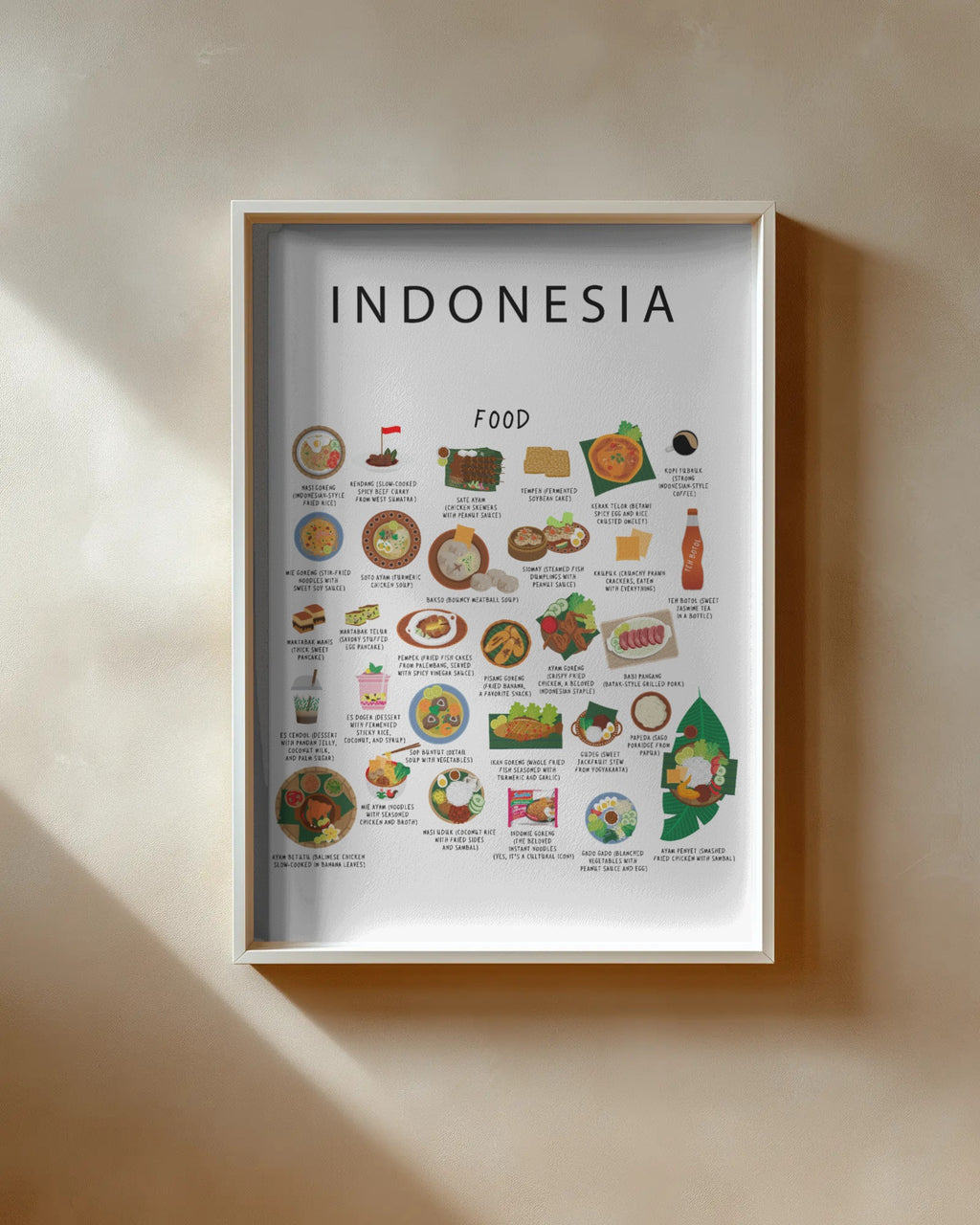 A framed white Indonesia food poster with colorful illustrations of traditional dishes, hanging on a beige wall with soft diagonal sunlight.