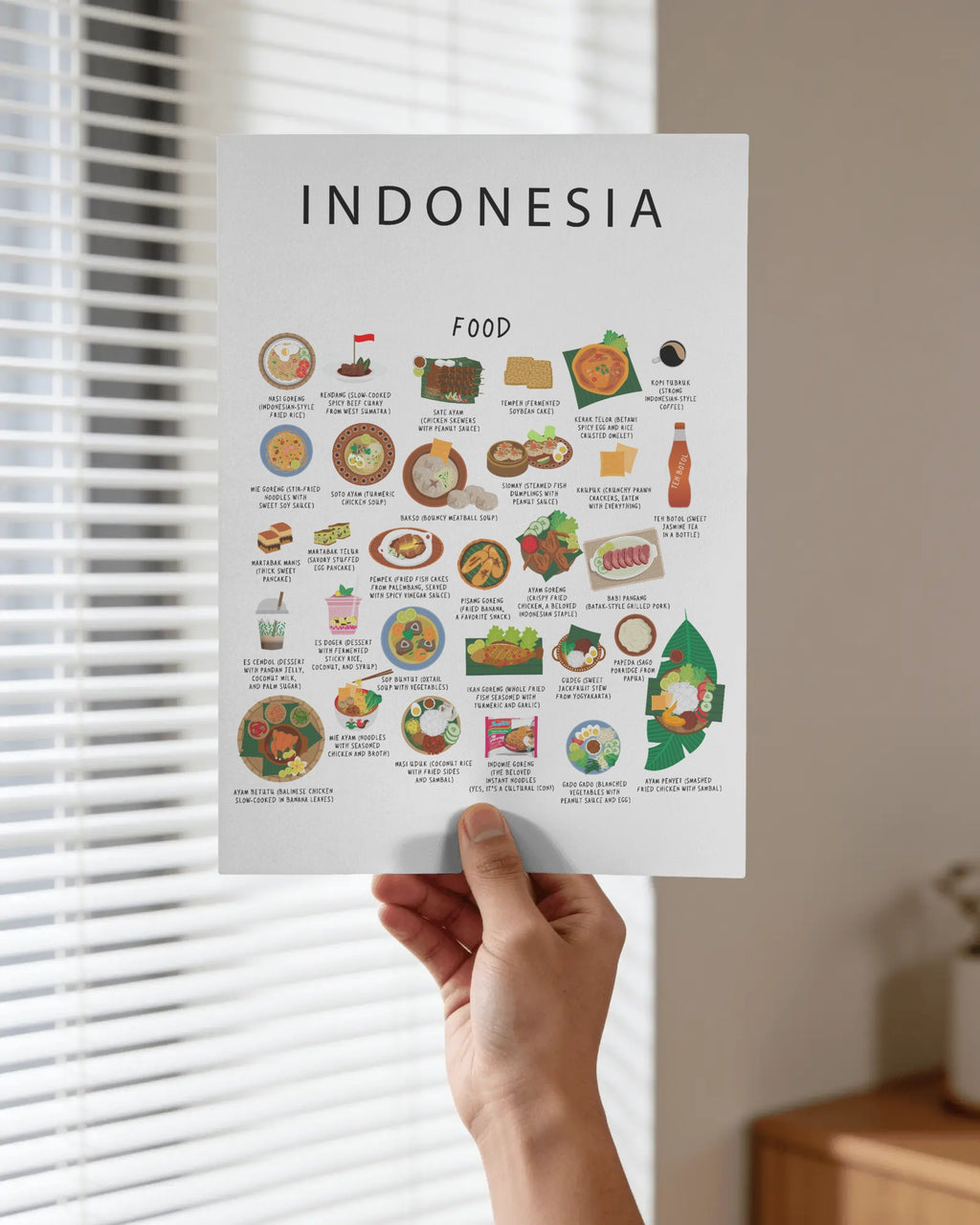 A hand holding a white Indonesia food poster illustrated with traditional dishes, displayed indoors in front of a window with blinds.