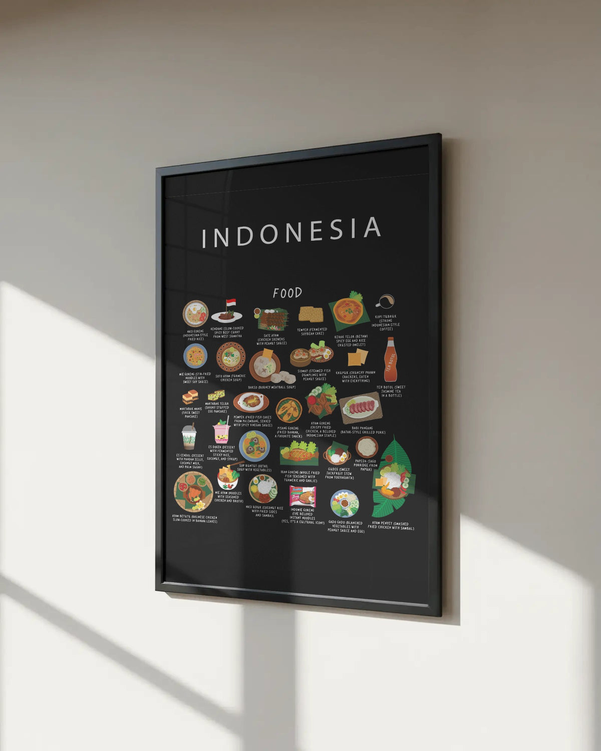 An angled view of a black framed Indonesian food poster hanging on a light-coloured wall with sunlight casting diagonal shadows.