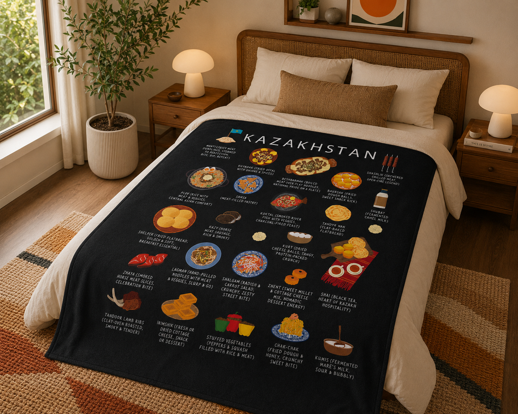 Kazakhstan Food Blanket | Kazakh Cuisine Throw | Central Asian Comfort Kitchen Decor