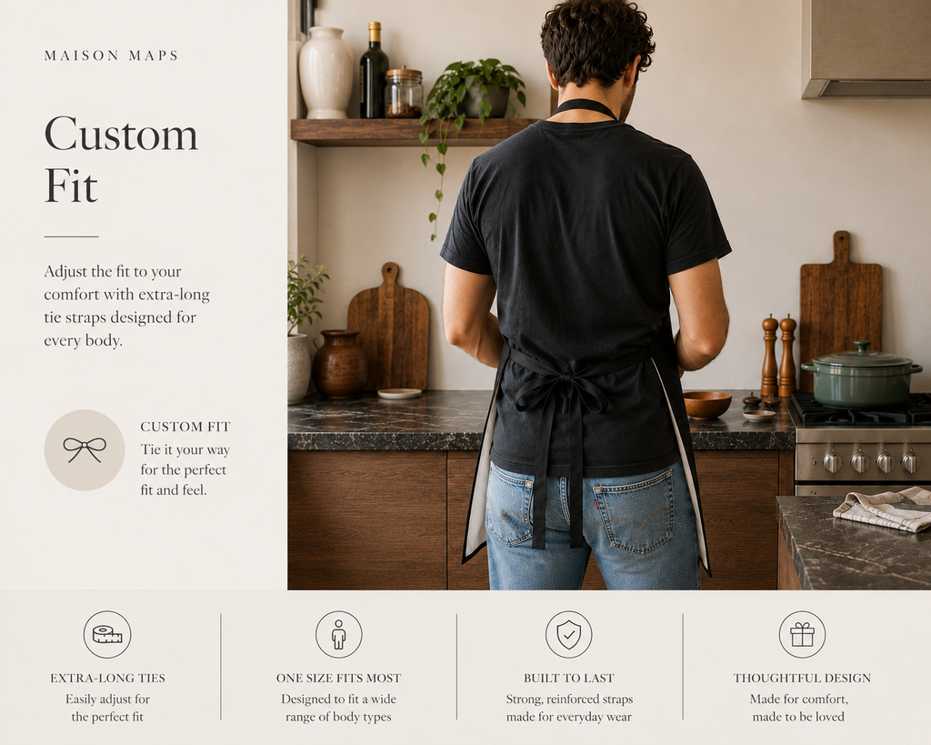 A person standing in a kitchen wearing a black apron with adjustable tie straps, shown from the back. The image includes marketing text on the left explaining the custom fit feature of the Maison Maps apron.