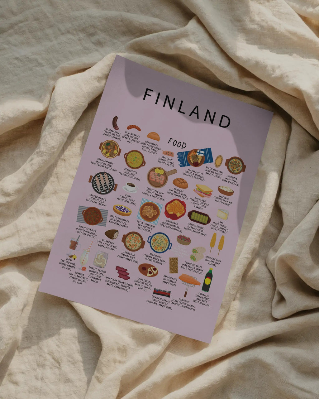 A pink Finland food poster with illustrated traditional dishes, displayed flat on draped, textured beige fabric in soft natural light.
