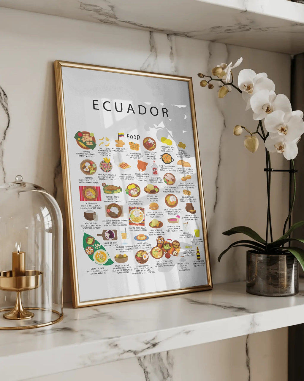 Framed Ecuador food poster in a gold frame resting on a marble shelf beside a white orchid and glass cloche.