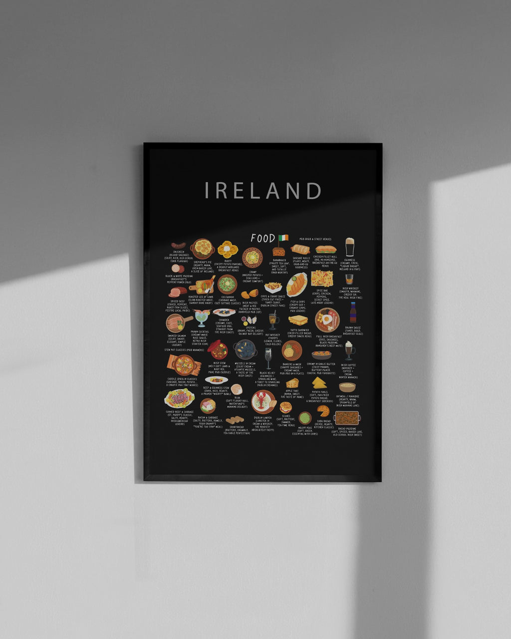 An Ireland food poster in a black frame, hung on a light grey wall with soft diagonal shadows and sunlight.