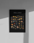An Ireland food poster in a black frame, hung on a light grey wall with soft diagonal shadows and sunlight.