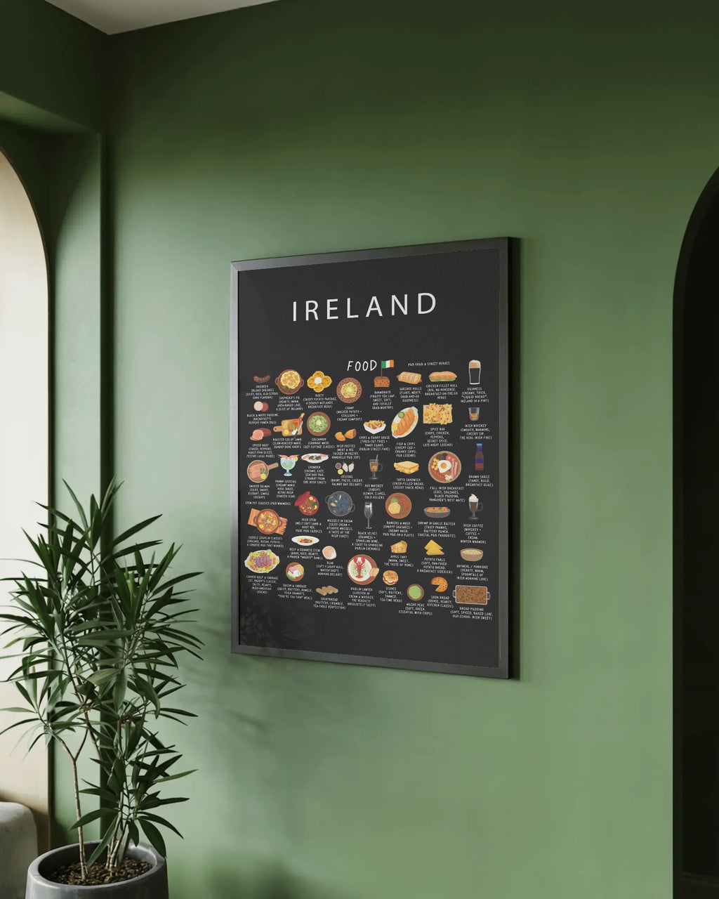 A black framed Ireland food poster hangs on an olive green wall beside a tall potted indoor plant.