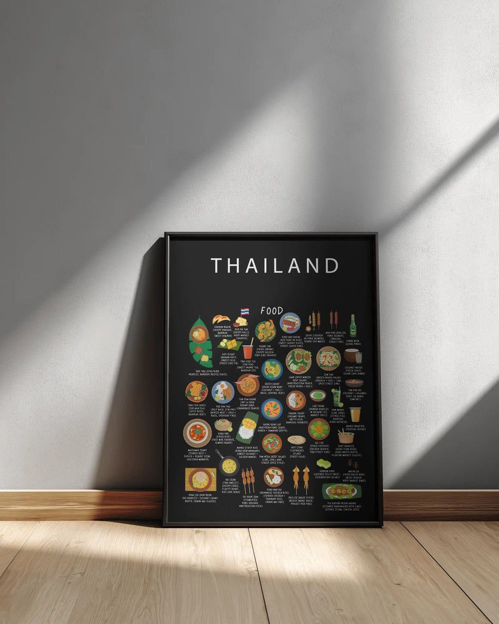 A framed black Thailand food poster rests on a light wood floor, leaning against a neutral grey wall with natural sunlight casting diagonal shadows.