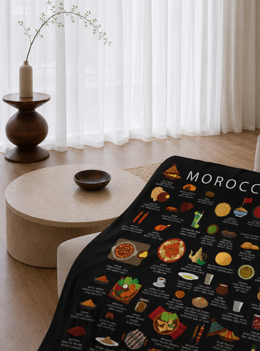 Morocco Plush Velveteen Blanket | Inspired by Moroccan Cuisine Culture | Cozy Throw with Bold Designs | Gift for Expats, Birthdays Holidays