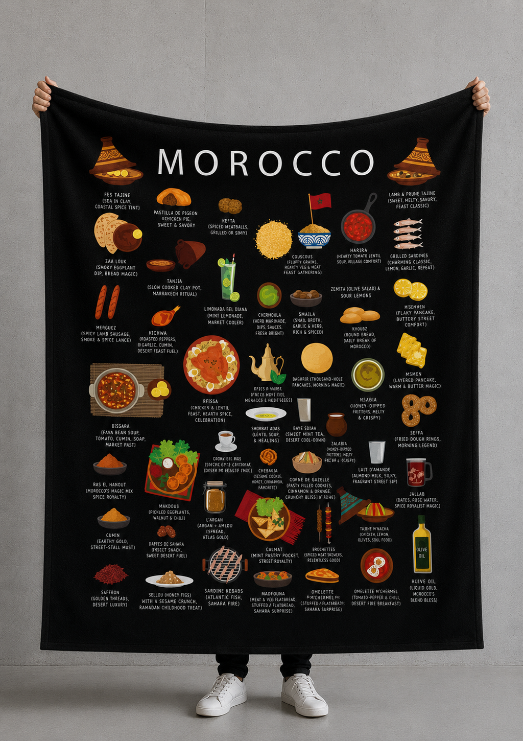 Morocco Plush Velveteen Blanket | Inspired by Moroccan Cuisine Culture | Cozy Throw with Bold Designs | Gift for Expats, Birthdays Holidays