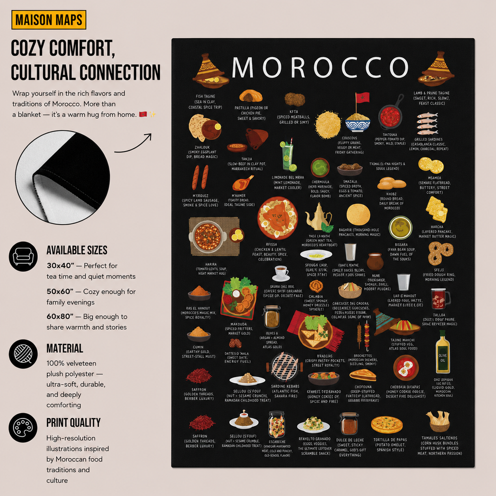 Morocco Plush Velveteen Blanket | Inspired by Moroccan Cuisine Culture | Cozy Throw with Bold Designs | Gift for Expats, Birthdays Holidays