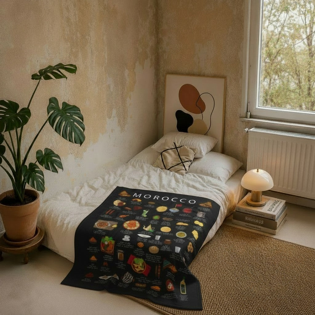 Morocco Plush Velveteen Blanket | Inspired by Moroccan Cuisine Culture | Cozy Throw with Bold Designs | Gift for Expats, Birthdays Holidays