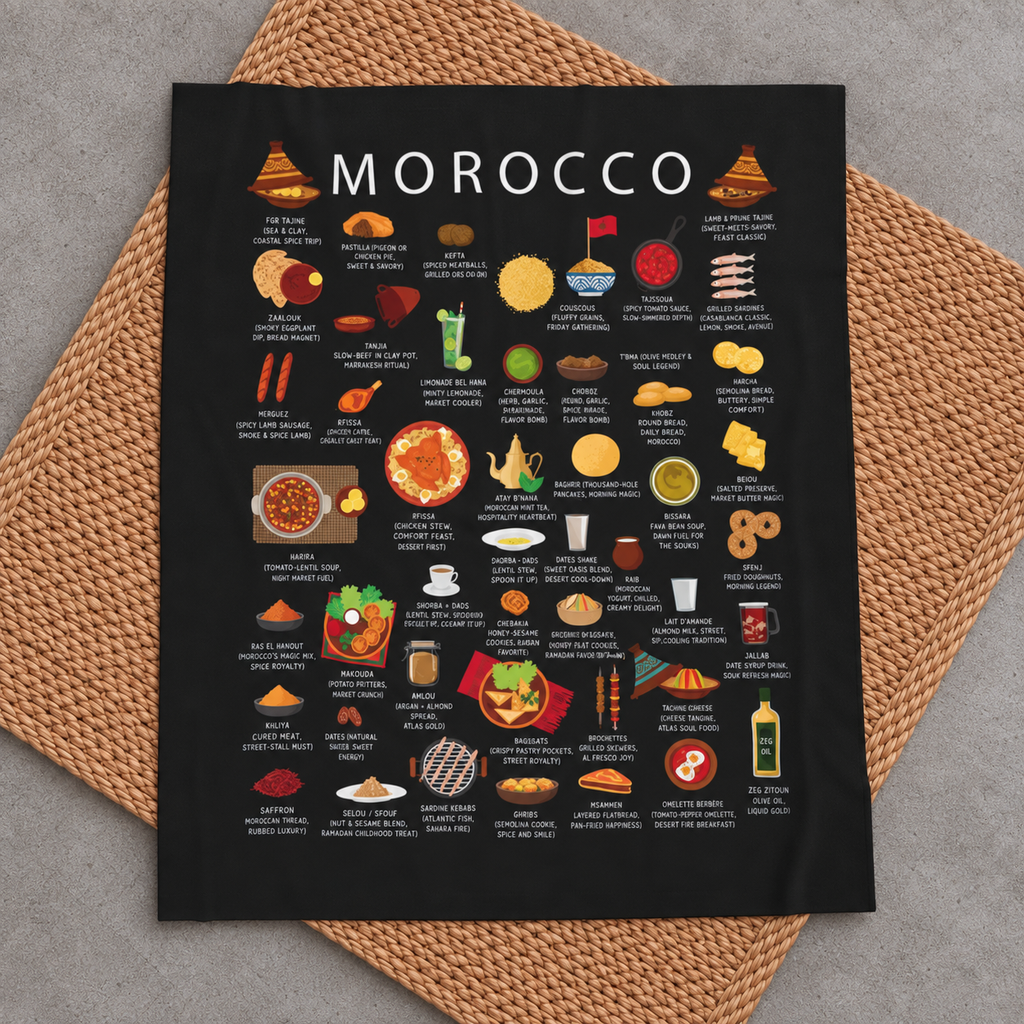 Morocco Plush Velveteen Blanket | Inspired by Moroccan Cuisine Culture | Cozy Throw with Bold Designs | Gift for Expats, Birthdays Holidays