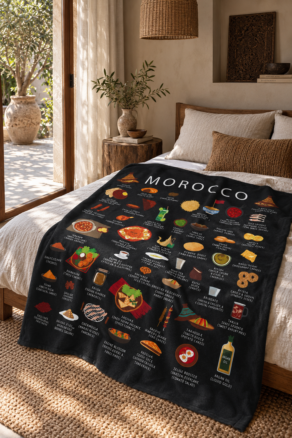Morocco Plush Velveteen Blanket | Inspired by Moroccan Cuisine Culture | Cozy Throw with Bold Designs | Gift for Expats, Birthdays Holidays