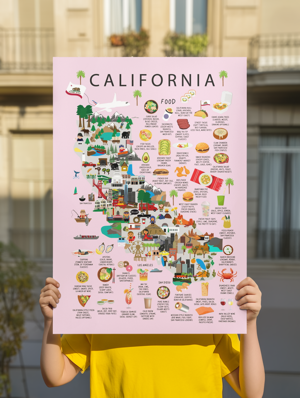 California Kids Map Poster – Landmarks, Food & Culture Educational Art