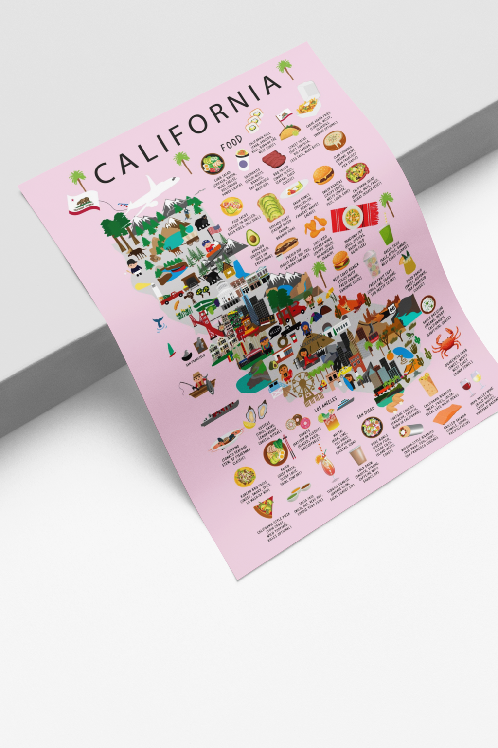California Kids Map Poster – Landmarks, Food & Culture Educational Art